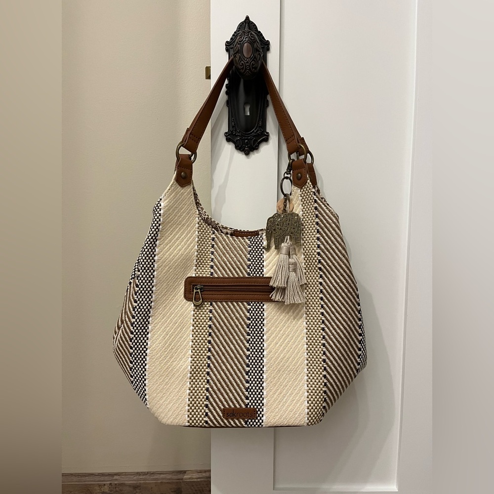 The SAK Sakroots Brown and Cream Shoulder Bag with Leather Accents